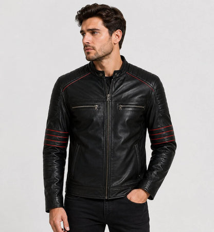 Men's Black Leather Biker Jacket with Red Accents | Motorcycle Style front view by avanzar leather
