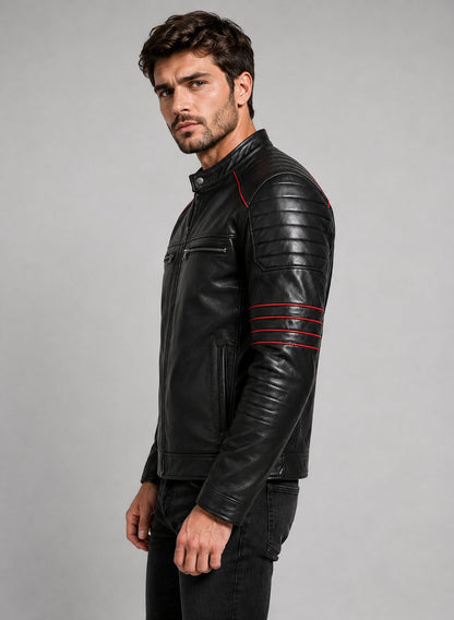 Men's Black Leather Biker Jacket with Red Accents | Motorcycle Style sid view by avanzar leather