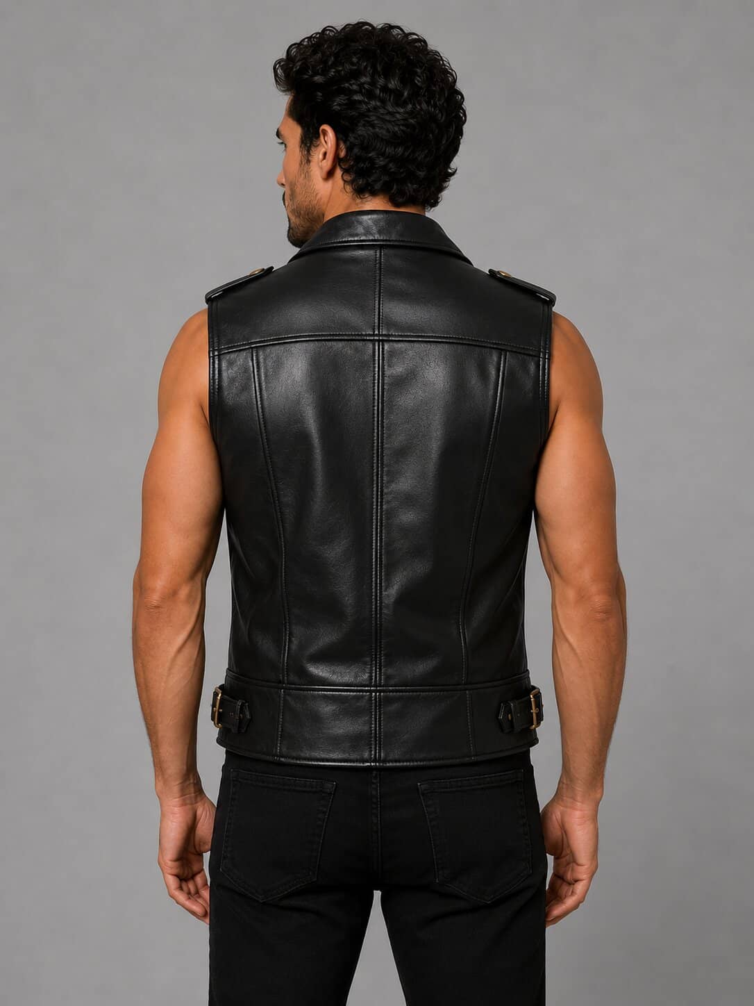 Men’s Black Leather Biker Vest with Gold Buckles by avanzar leather