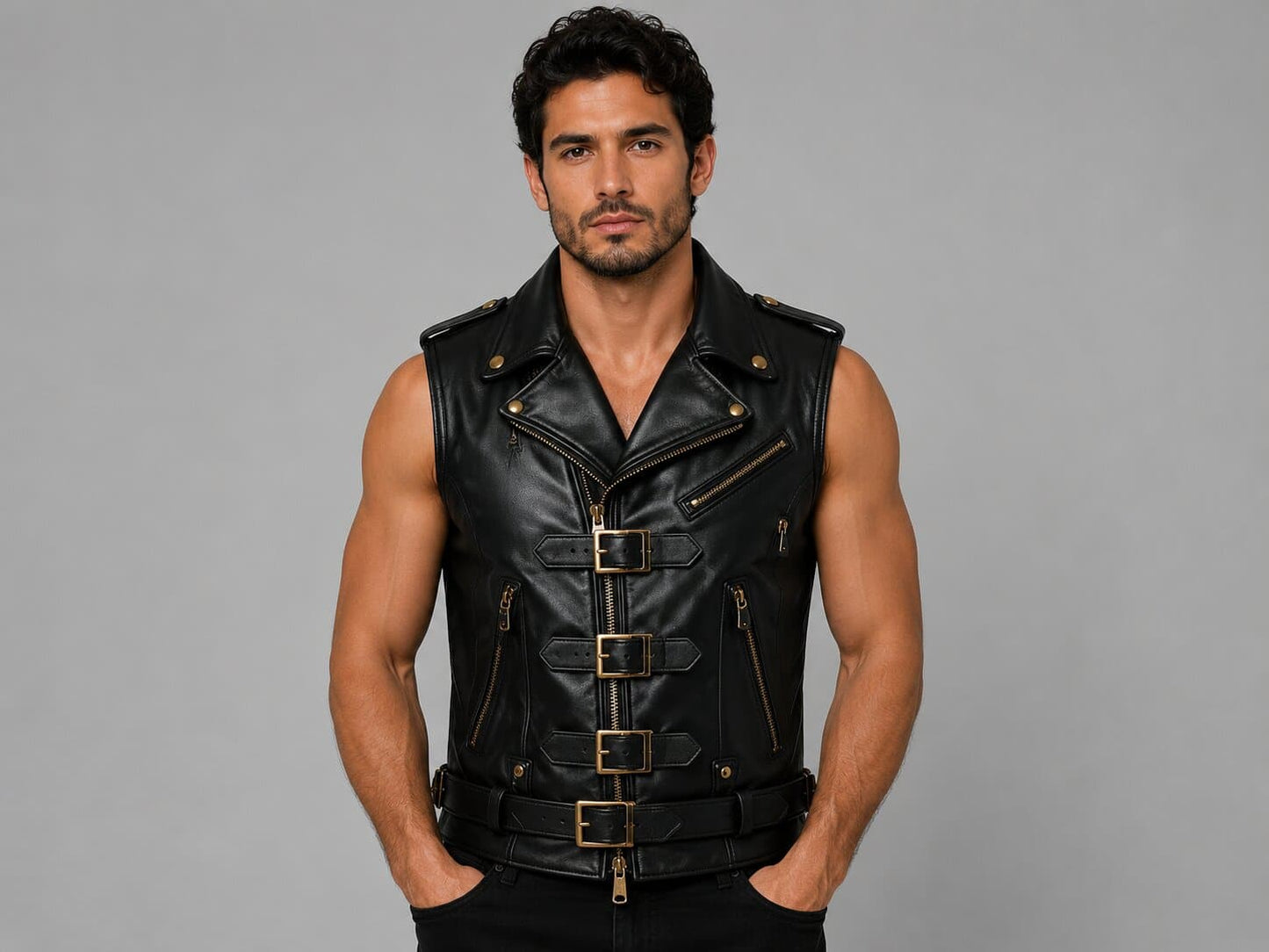 Men’s Black Leather Biker Vest with Gold Buckles by avanzar leather