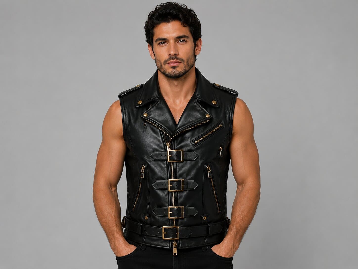Men’s Black Leather Biker Vest with Gold Buckles by avanzar leather