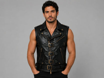 Men’s Black Leather Biker Vest with Gold Buckles by avanzar leather
