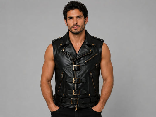 Men’s Black Leather Biker Vest with Gold Buckles by avanzar leather