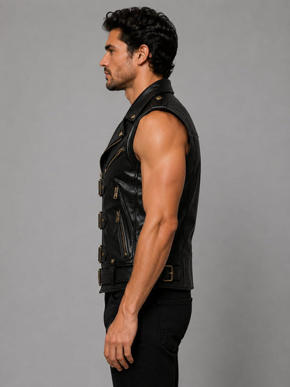 Men’s Black Leather Biker Vest with Gold Buckles by avanzar leather