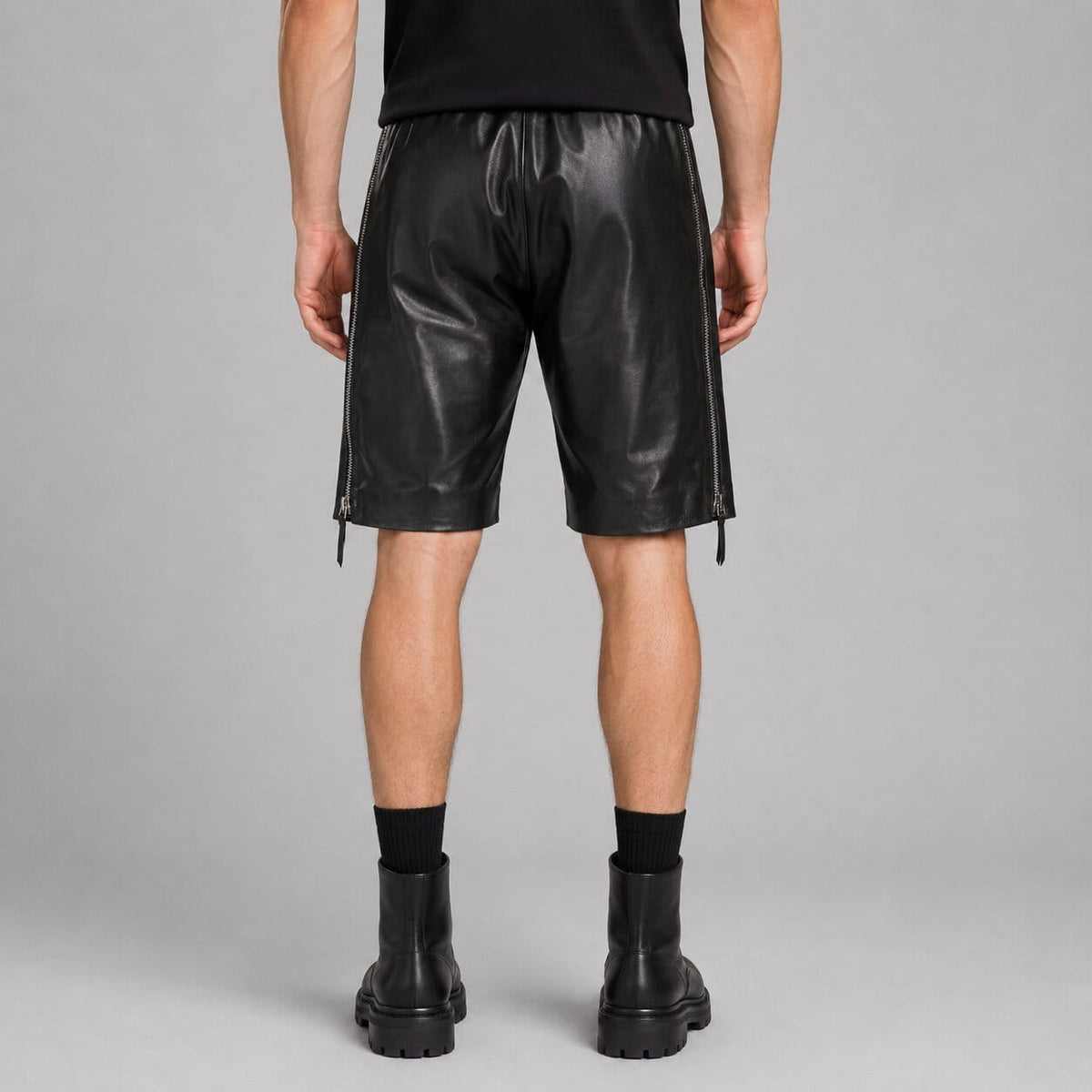 Men's Black Leather Shorts with Side Zipper - Edgy Style back view  by avanzar leather