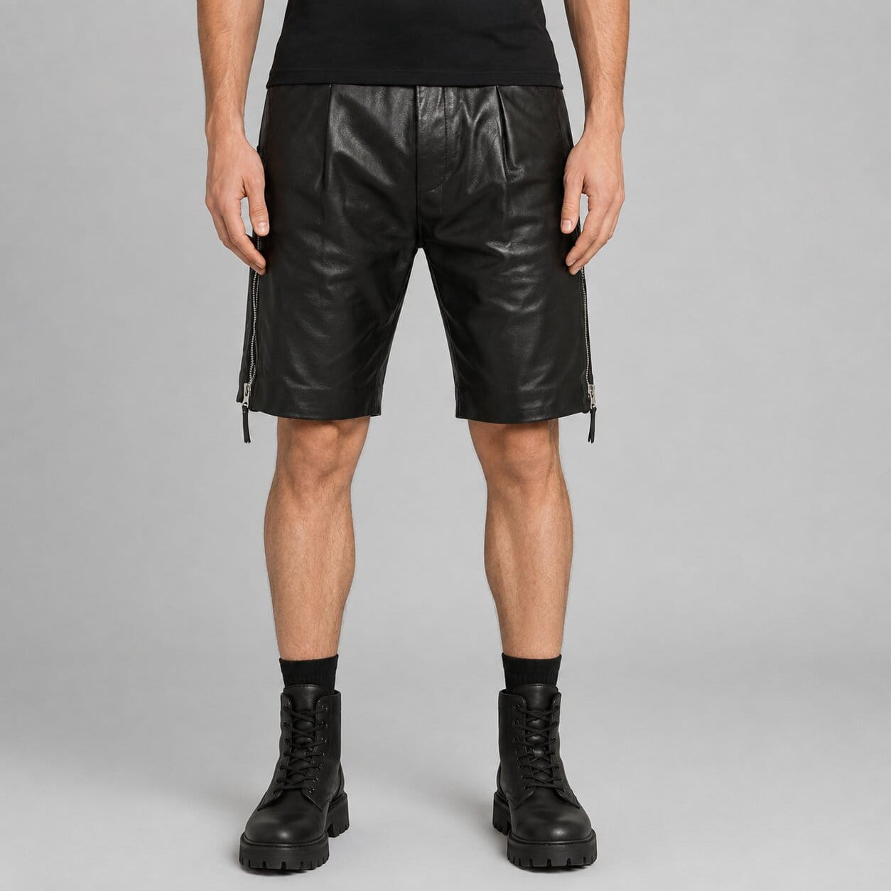Men's Black Leather Shorts with Side Zipper - Edgy Style front view  by avanzar leather