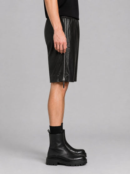 Men's Black Leather Shorts with Side Zipper - Edgy Style sid view  by avanzar leather