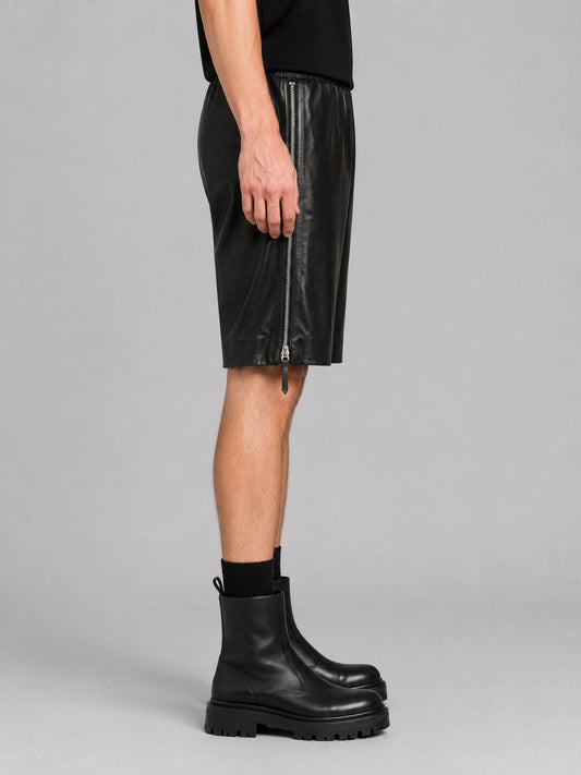 Men's Black Leather Shorts with Side Zipper - Edgy Style sid view  by avanzar leather