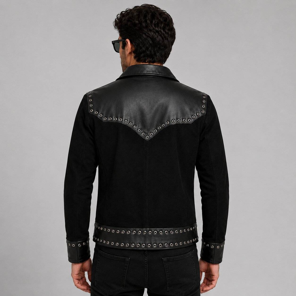 Men's Black Leather & Suede Cowboy Jacket | Western Style back view by avanzar leather