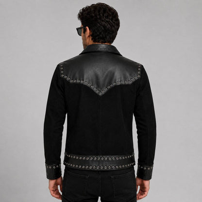 Men's Black Leather & Suede Cowboy Jacket | Western Style back view by avanzar leather