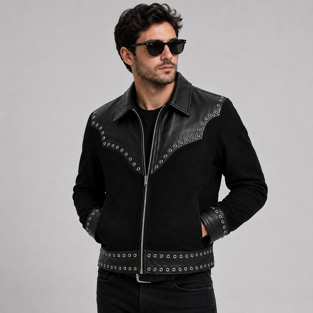 Men's Black Leather & Suede Cowboy Jacket | Western Style front view by avanzar leather
