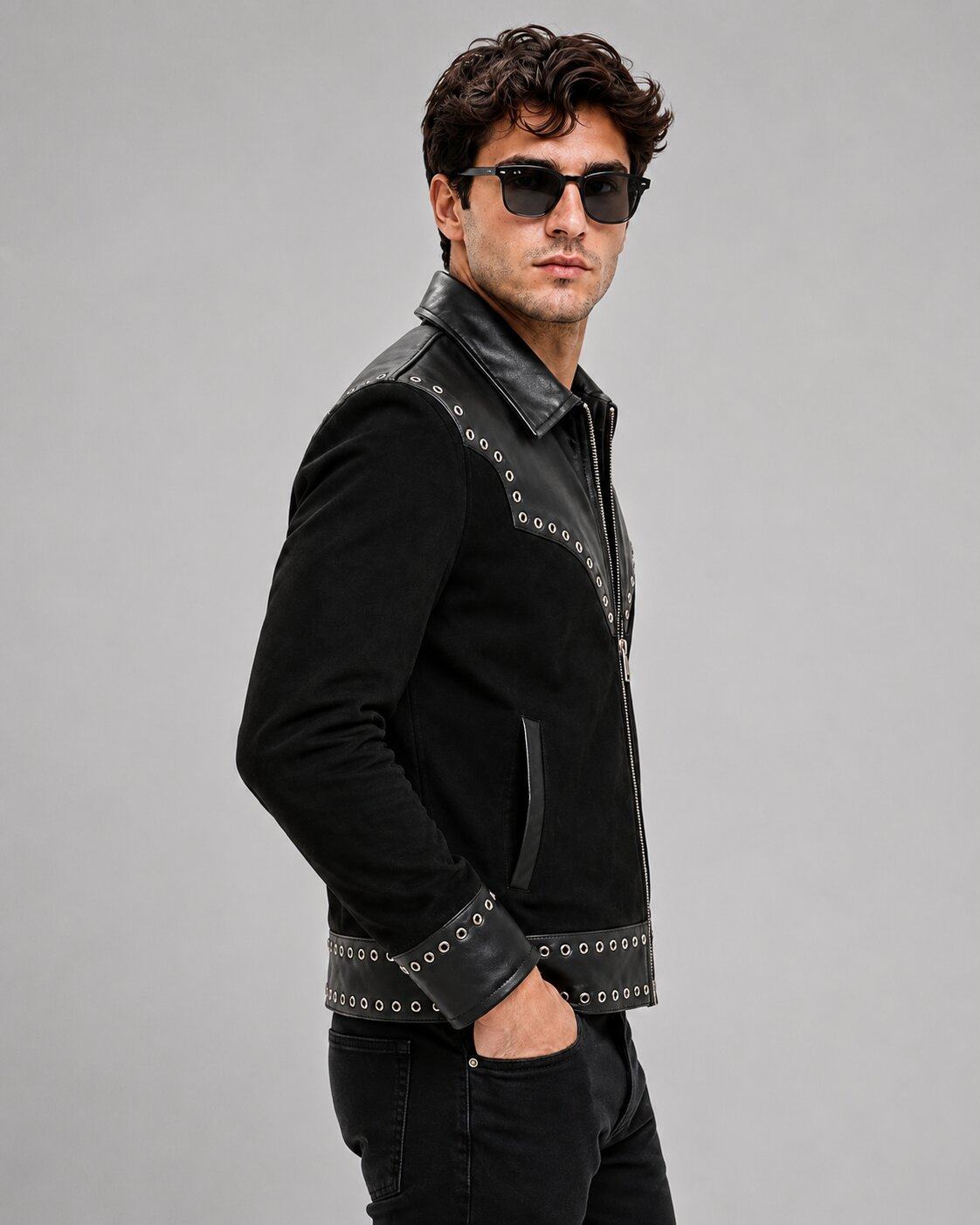 Men's Black Leather & Suede Cowboy Jacket | Western Style sid view by avanzar leather