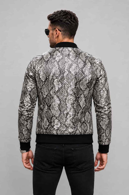 Back view black python print leather bomber jacket men avanzar leather