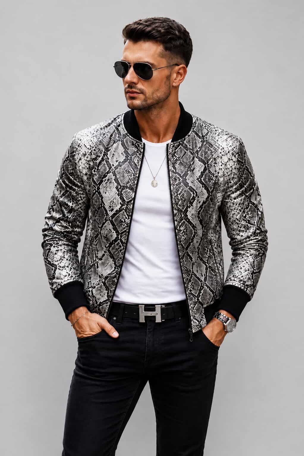 Front view men’s black python embossed leather bomber jacket avanzar leather
