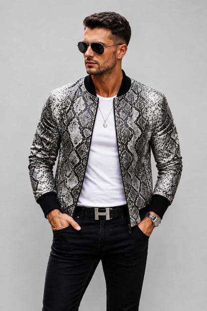 Front view men’s black python embossed leather bomber jacket avanzar leather