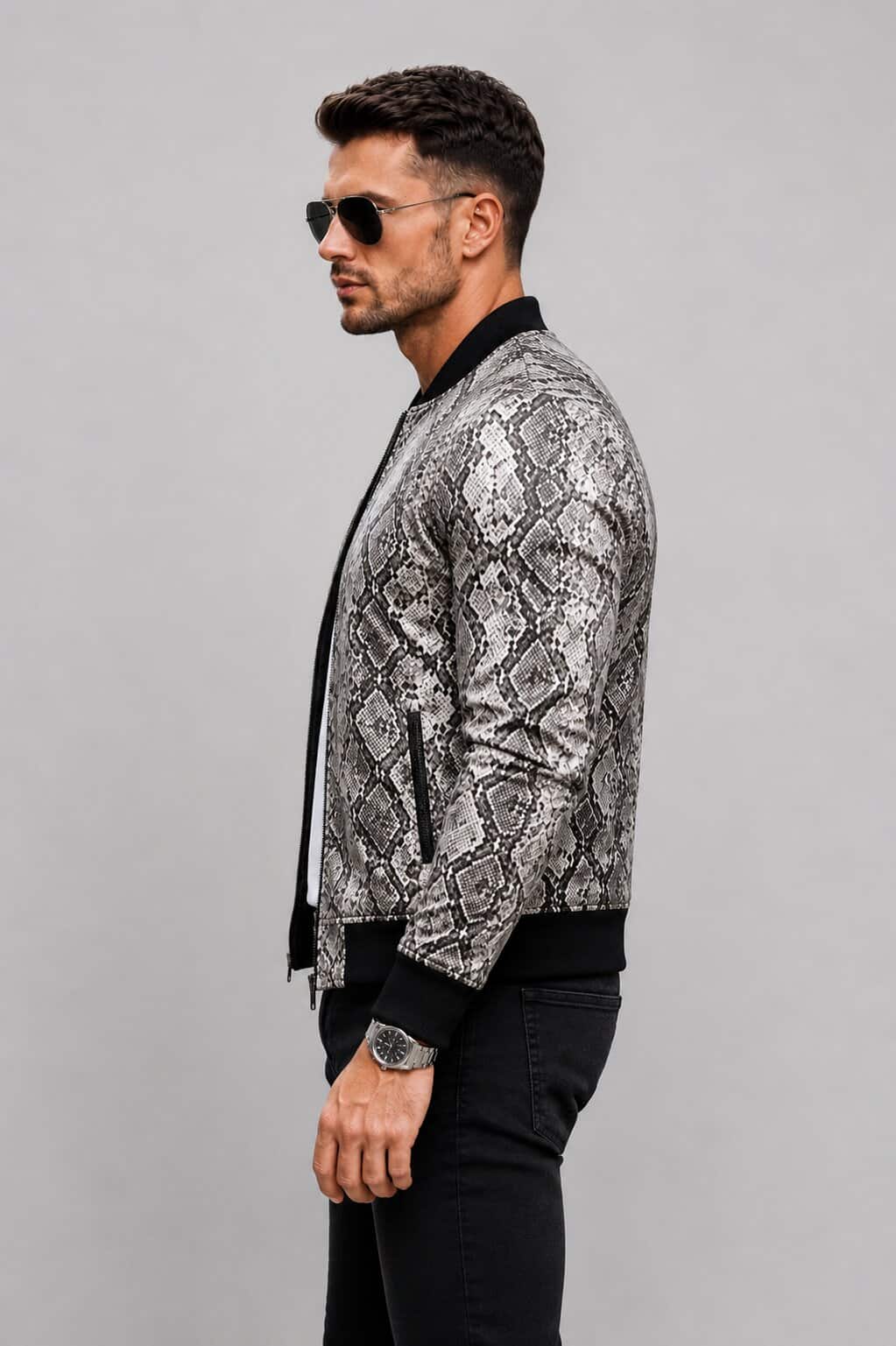 Side profile black python leather bomber jacket men avanzar leather
