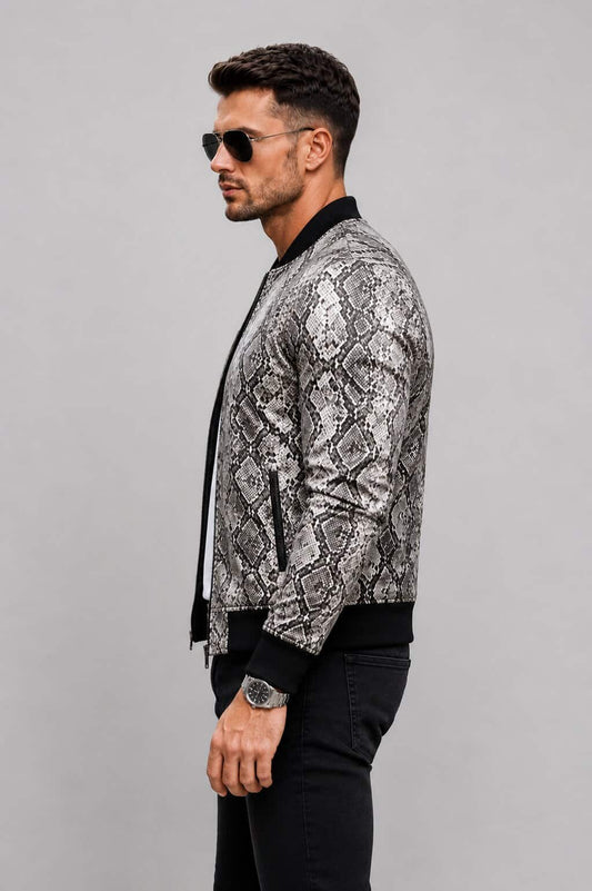 Side profile black python leather bomber jacket men avanzar leather