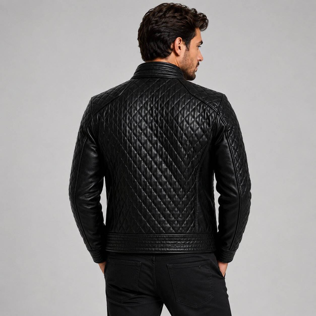 Men's Black Quilted Leather Motorcycle Jacket | Biker Style back view by avanzar leather