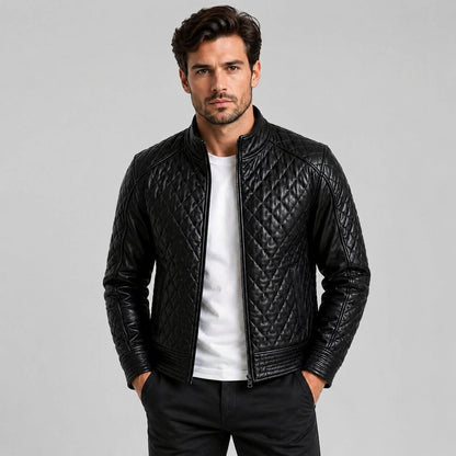 Men's Black Quilted Leather Motorcycle Jacket | Biker Style front view by avanzar leather
