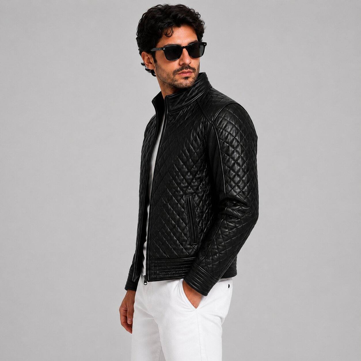 Men's Black Quilted Leather Motorcycle Jacket | Biker Style sid view by avanzar leather