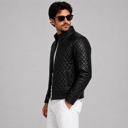 Men's Black Quilted Leather Motorcycle Jacket | Biker Style sid view by avanzar leather