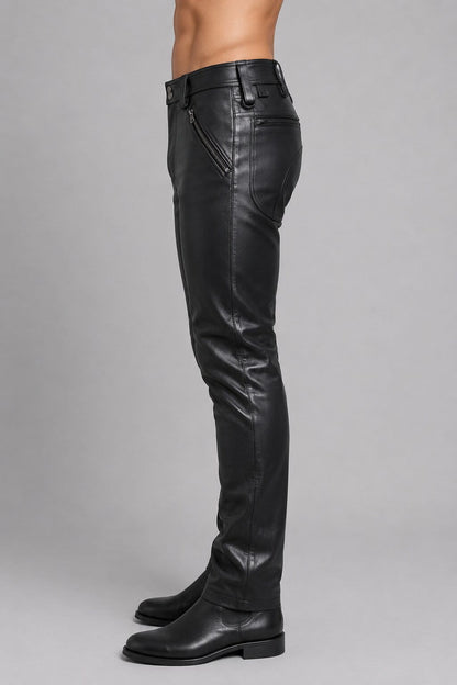 Men's Black Real Leather Pants - Premium Modern Design sid view by avanzar leather