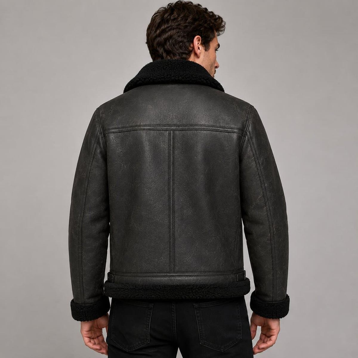 Men's Black Shearling Leather Jacket - Real Sheepskin Aviator back view by avanzar leather