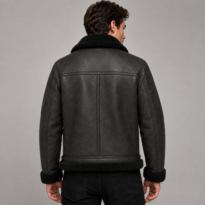 Men's Black Shearling Leather Jacket - Real Sheepskin Aviator back view by avanzar leather