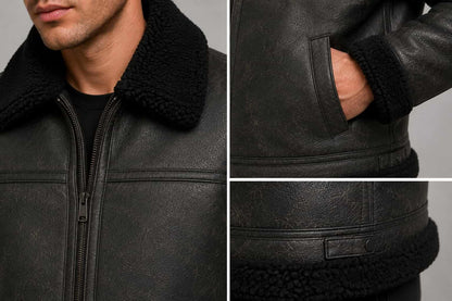 Men's Black Shearling Leather Jacket - Real Sheepskin Aviator closeup view by avanzar leather