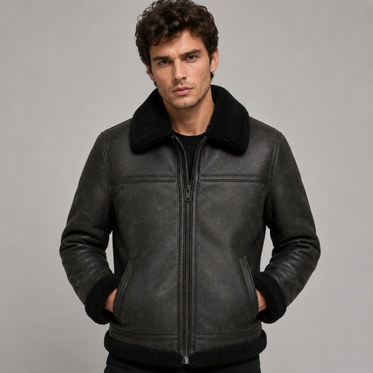 Men's Black Shearling Leather Jacket - Real Sheepskin Aviator front view by avanzar leather