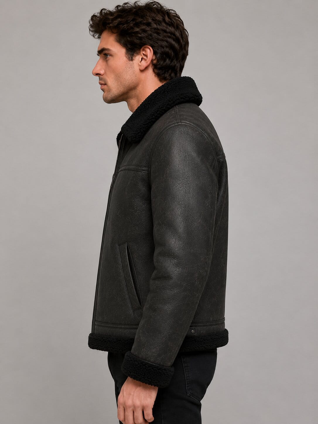 Men's Black Shearling Leather Jacket - Real Sheepskin Aviator sid view by avanzar leather