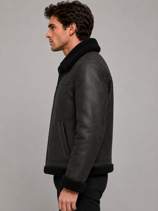 Men's Black Shearling Leather Jacket - Real Sheepskin Aviator sid view by avanzar leather