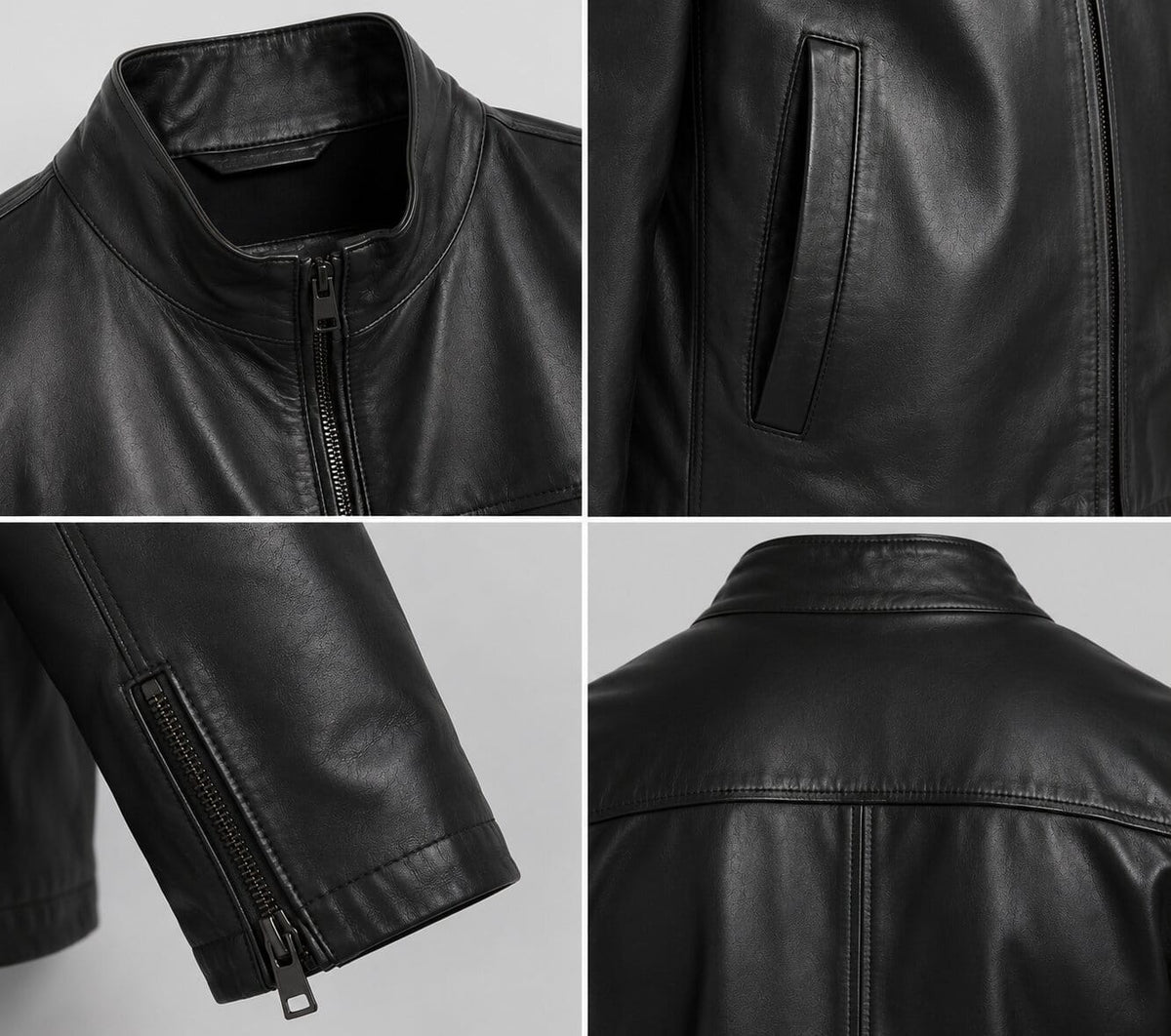 Men's Black Sheepskin Biker Jacket - Classic Leather Design closeup view by avanzar leather