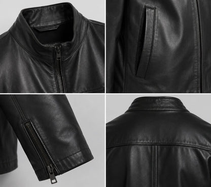 Men's Black Sheepskin Biker Jacket - Classic Leather Design closeup view by avanzar leather