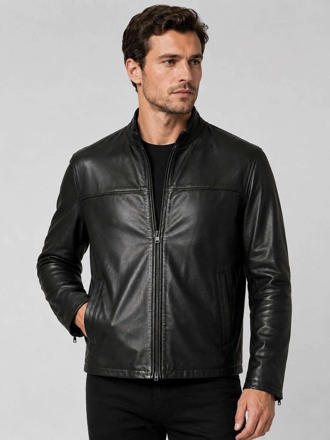 Men's Black Sheepskin Biker Jacket - Classic Leather Design front view by avanzar leather