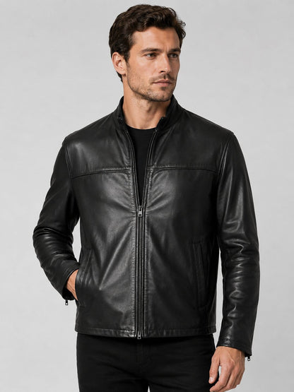 Men's Black Sheepskin Biker Jacket - Classic Leather Design front view by avanzar leather