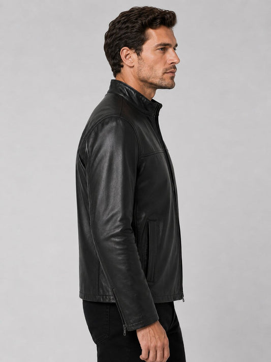 Men's Black Sheepskin Biker Jacket - Classic Leather Design sid view by avanzar leather
