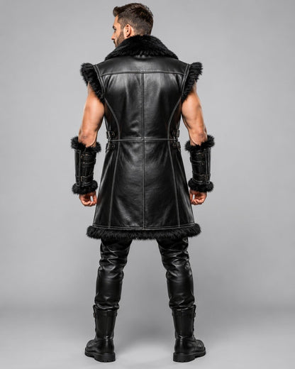 Men's Black Sheepskin Leather Gothic Viking Vest With Fur Trim Armor Style by avanzar leather