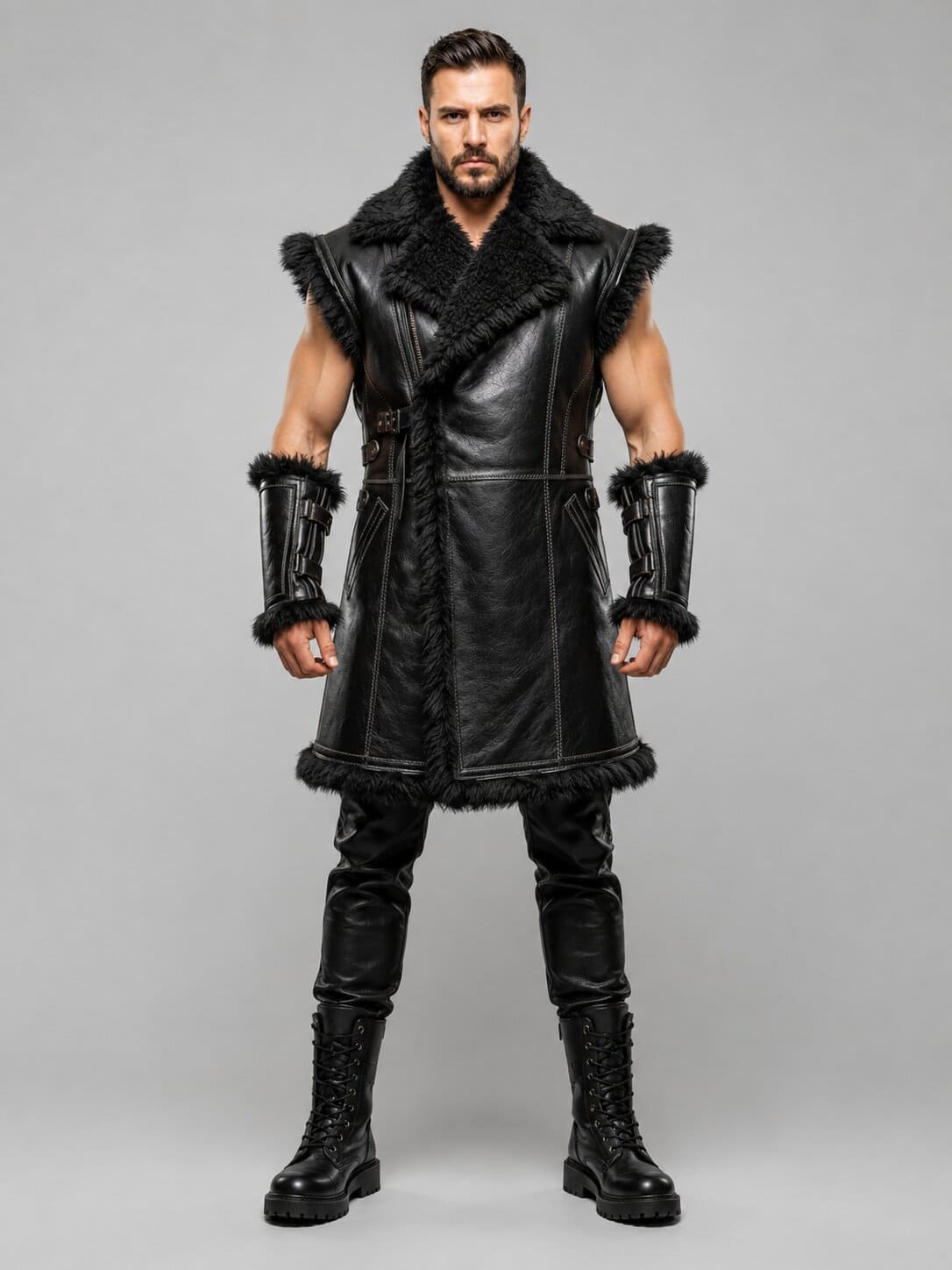 Men's Black Sheepskin Leather Gothic Viking Vest With Fur Trim Armor Style by avanzar leather