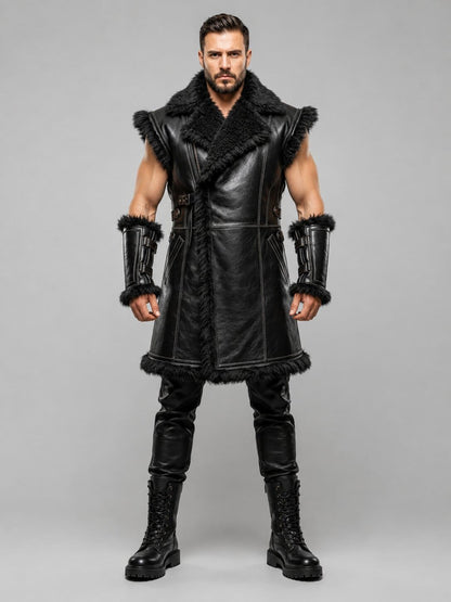 Men's Black Sheepskin Leather Gothic Viking Vest With Fur Trim Armor Style by avanzar leather
