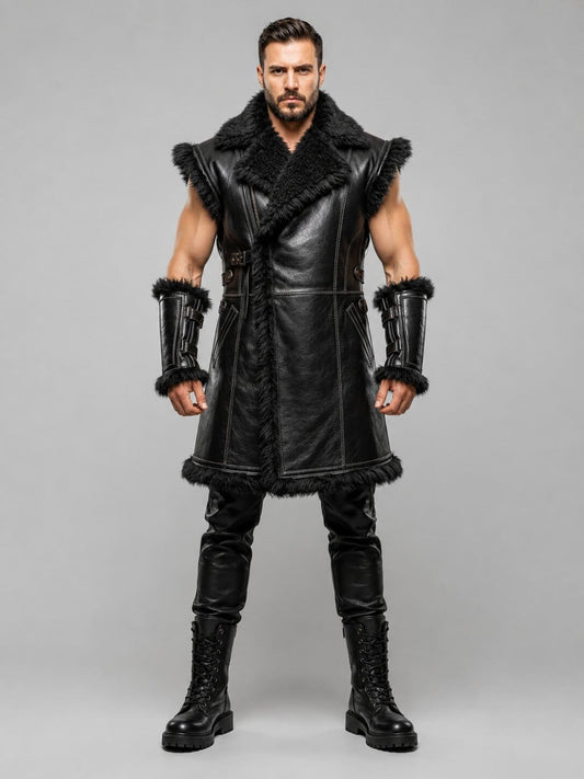 Men's Black Sheepskin Leather Gothic Viking Vest With Fur Trim Armor Style by avanzar leather