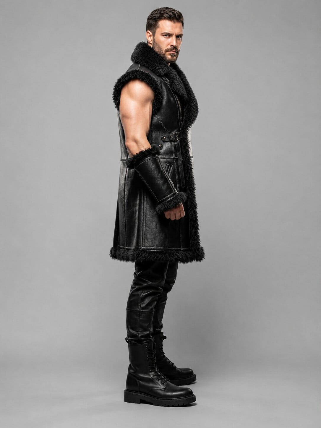 Men's Black Sheepskin Leather Gothic Viking Vest With Fur Trim Armor Style by avanzar leather