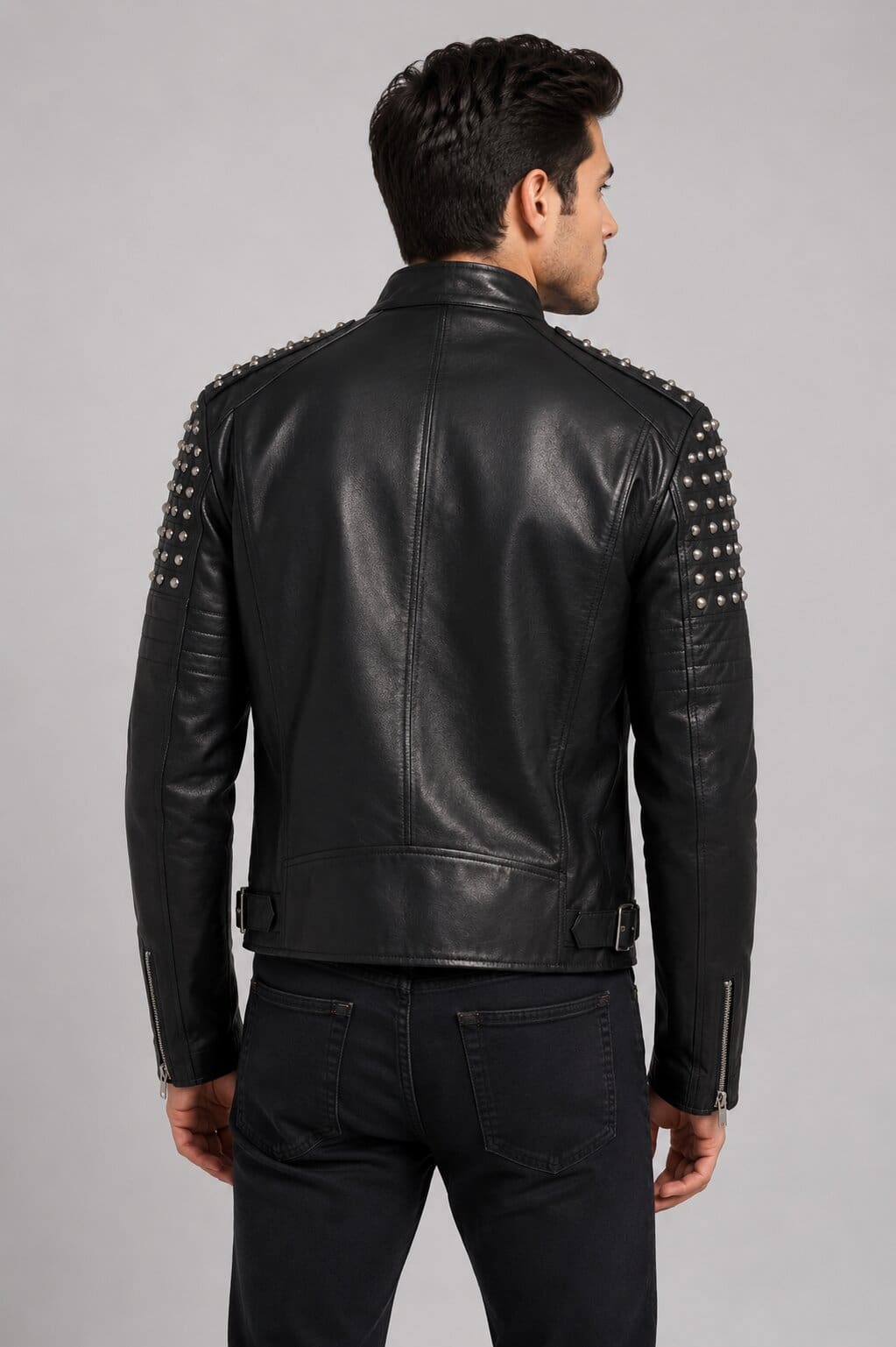 Men's Black Studded Leather Biker Jacket - Bold Rider Style back view by avanzar leather