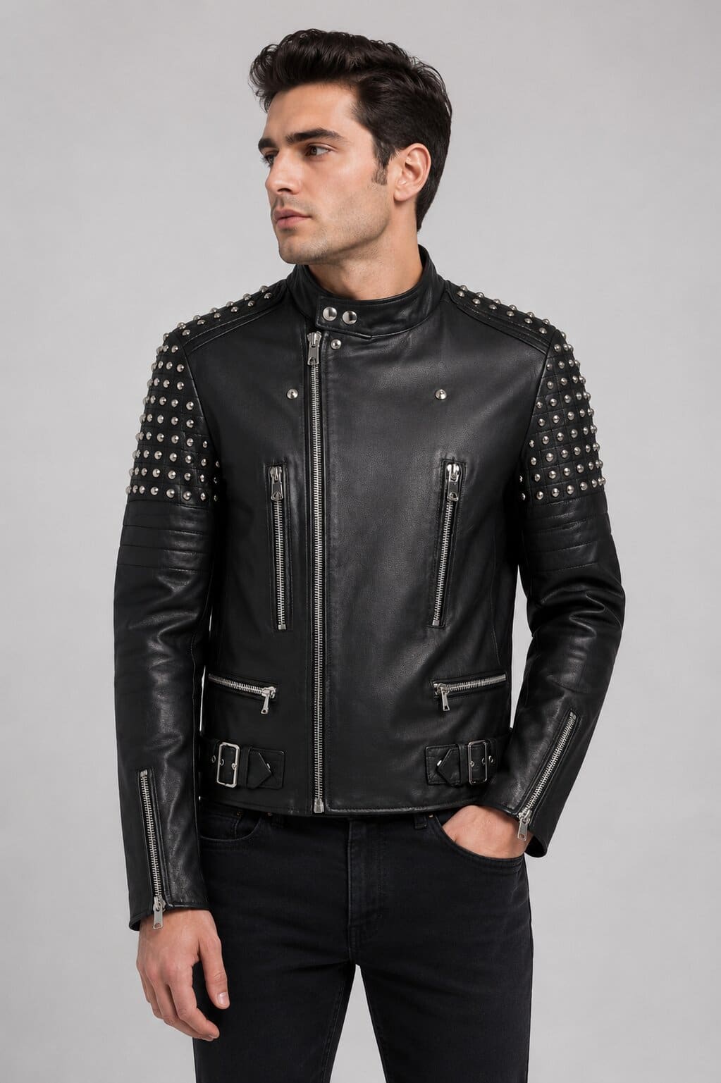Men's Black Studded Leather Biker Jacket - Bold Rider Style front view by avanzar leather