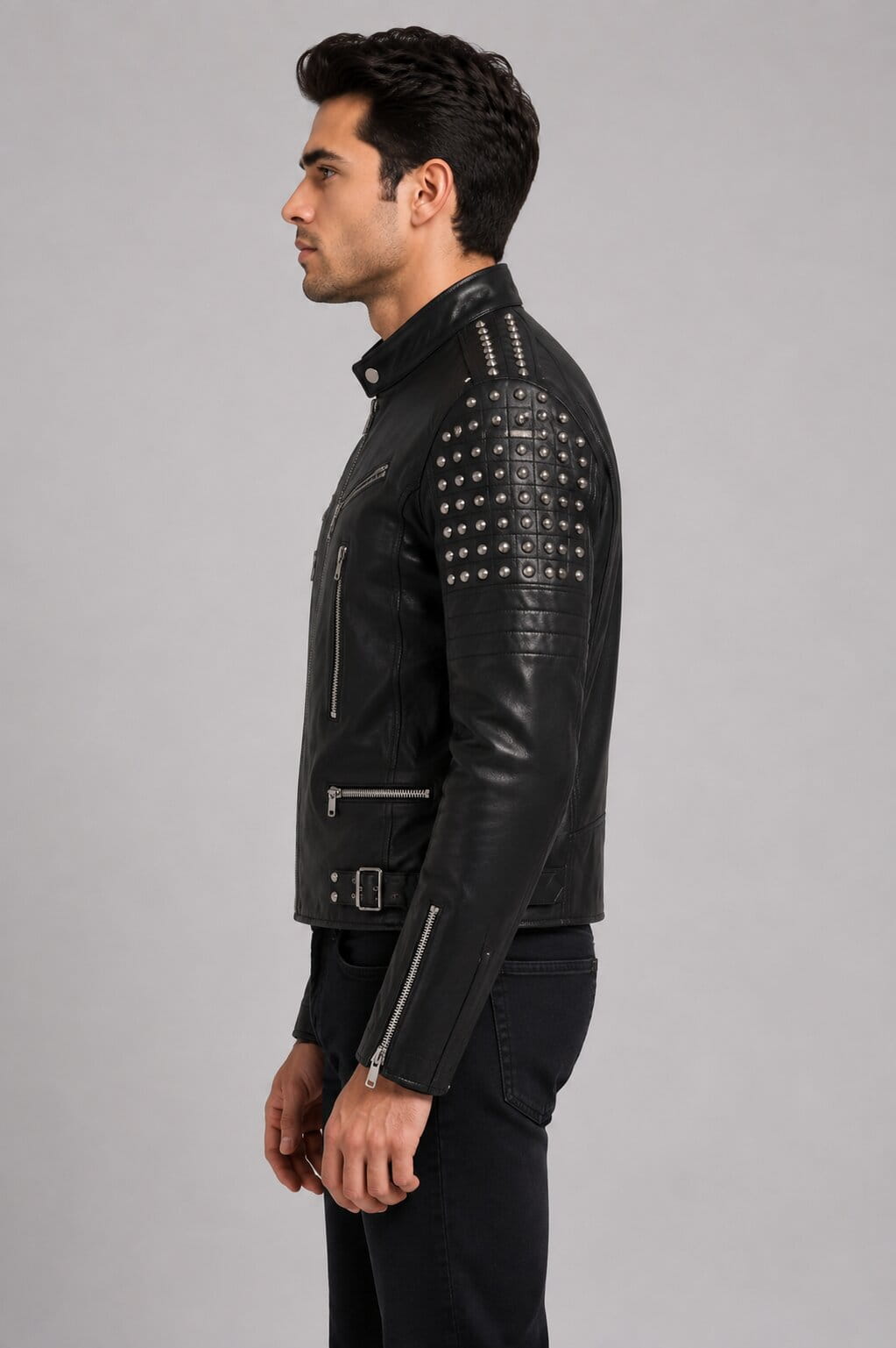 Men's Black Studded Leather Biker Jacket - Bold Rider Style sid view by avanzar leather