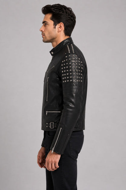 Men's Black Studded Leather Biker Jacket - Bold Rider Style sid view by avanzar leather