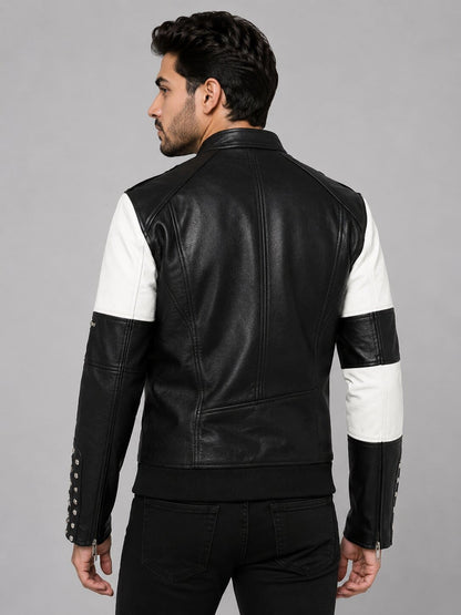 Men's Black & White Leather Biker Jacket - Studded Design back view by avanzar leather