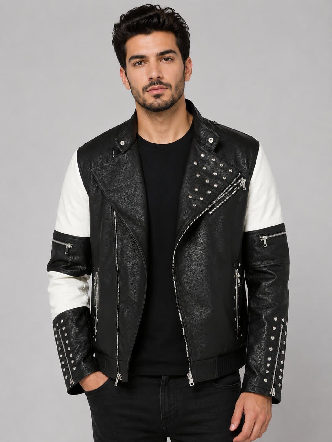 Men's Black & White Leather Biker Jacket - Studded Design front view by avanzar leather