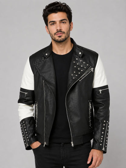 Men's Black & White Leather Biker Jacket - Studded Design front view by avanzar leather