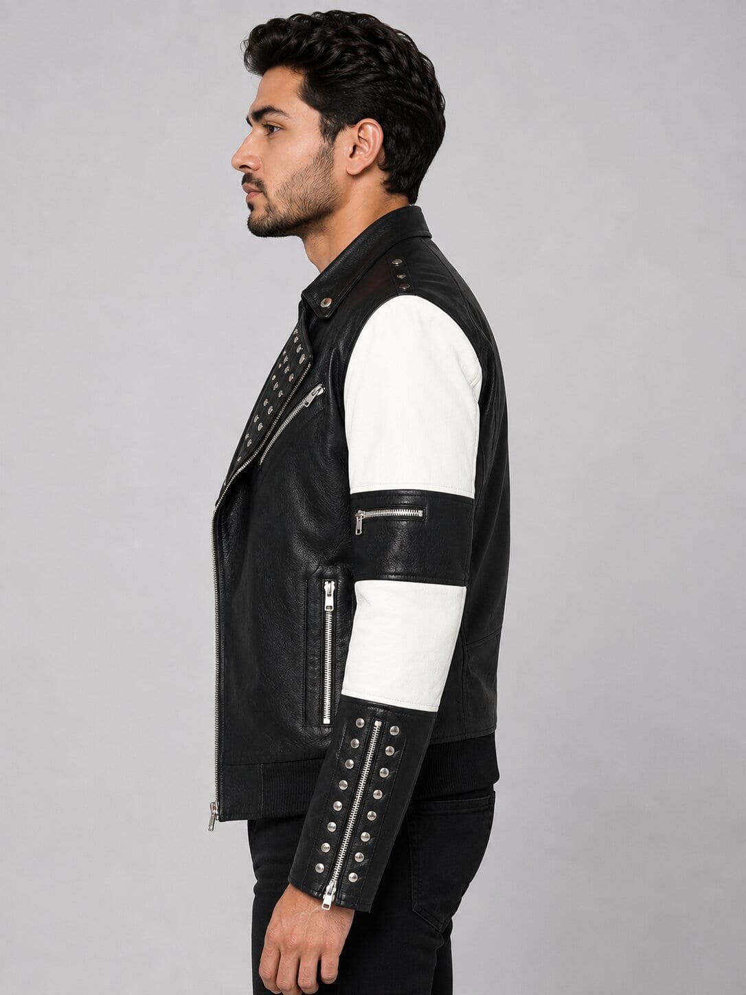 Men's Black & White Leather Biker Jacket - Studded Design sid view by avanzar leather